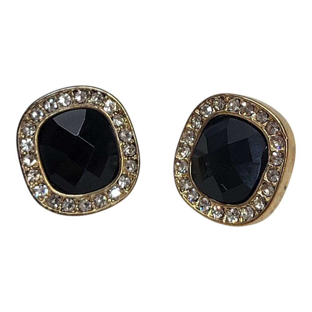 Napier Vintage Gold Tone Black Crystal Rhinestone Halo Post Stud Earrings